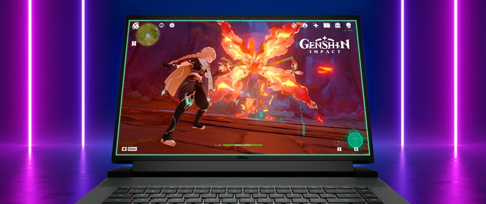 Image d’un ordinateur portable de jeu Dell G16 7620 affichant une image du jeu Genshin Impact à l’écran.
