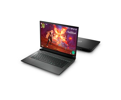 Picture of two Dell G16 7620 Gaming Laptops placed side by side, one opened and one closed. 