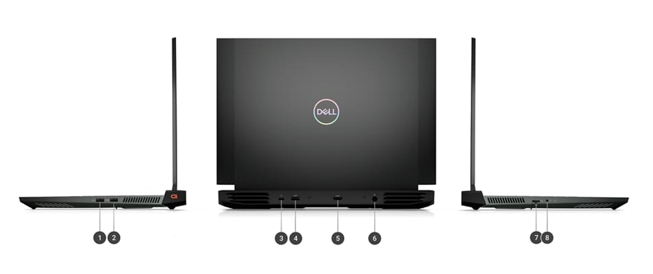 Image de trois ordinateurs portables de jeu Dell G16 7620 avec des numéros de 1 à 8 qui indiquent les ports et les emplacements du produit.