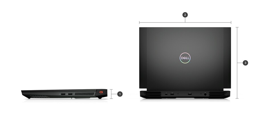 Picture of two Dell G16 7620 Gaming Laptops with numbers from 1 to 3 signaling product dimensions & weight.