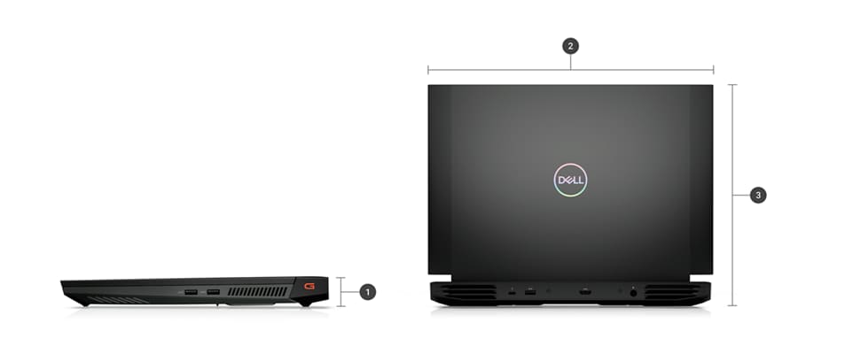 Image de deux ordinateurs portables de jeu Dell G16 7620 avec des numéros de 1 à 3 qui indiquent les dimensions et le poids du produit.