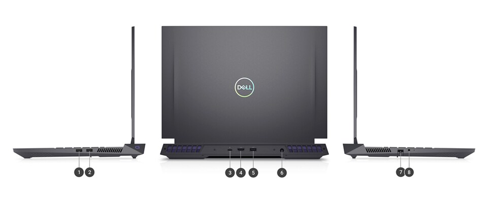 Dell G Series 16 7630 Gaming Laptop with numbers from 1 to 8 showing the product ports and slots.