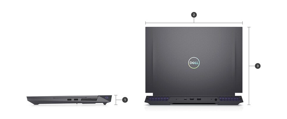 Dell G Series 16 7630 Gaming Laptop with numbers from 1 to 3 showing the product dimensions and weight. 