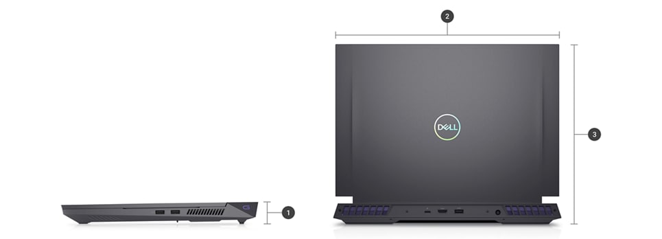 Dell G Series 16 7630 Gaming Laptop with numbers from 1 to 3 showing the product dimensions and weight.