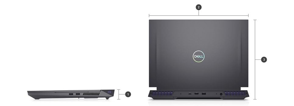 Dell G Series 16 7630 Gaming Laptop with numbers from 1 to 3 showing the product dimensions and weight. 