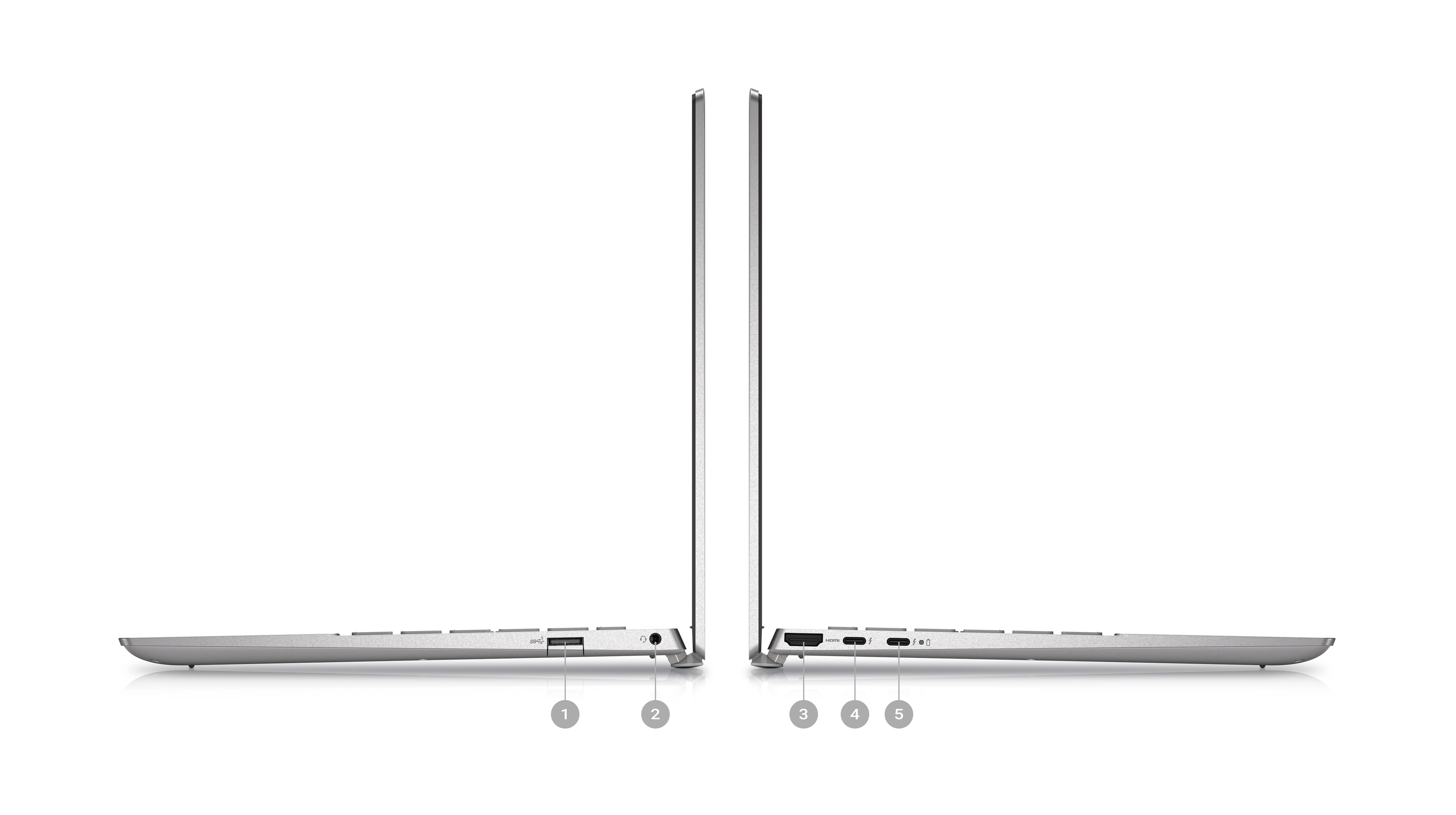 Imagem de dois notebooks Dell Inspiron 5320 colocados de lado, com números de 1 a 5 sinalizando as portas do produto.
