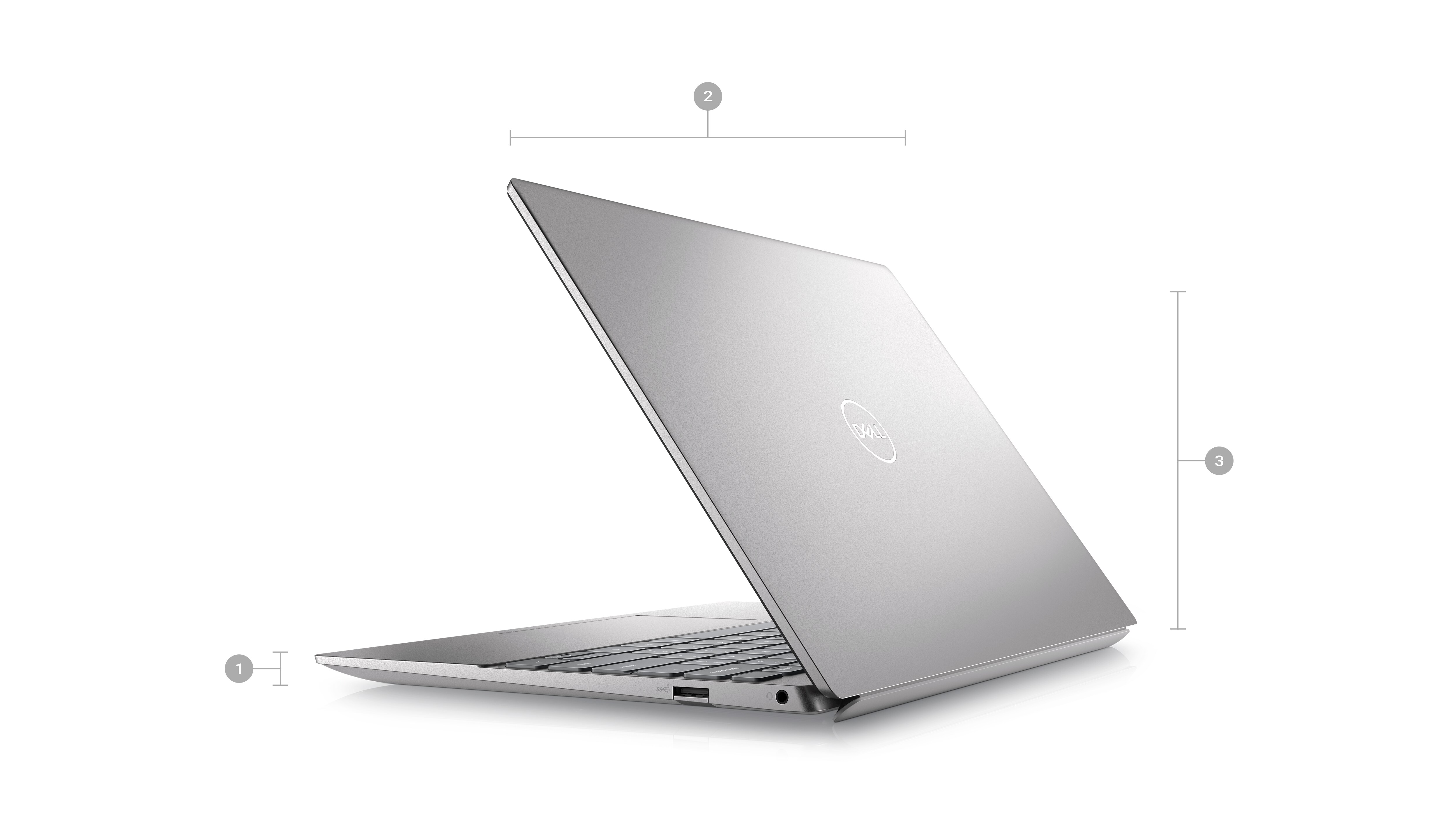 Imagem de um notebook Dell Inspiron 5320 com a parte traseira visível e números de 1 a 3 indicando dimensões e peso do produto.