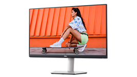 Imagem de um monitor Dell 27 QHD USB-C S2722DC com uma garota sentada em um skate na tela.