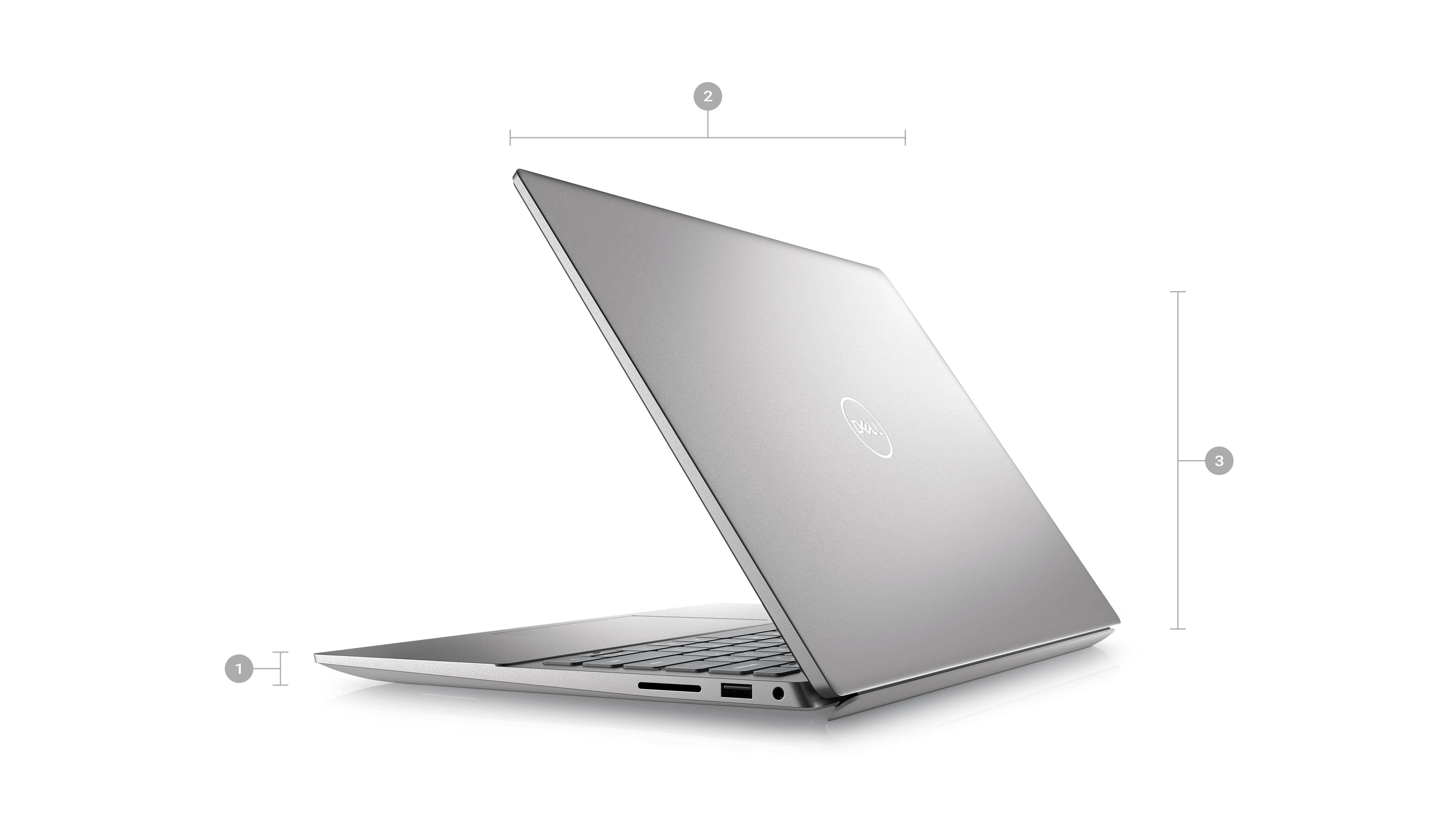 Photo d’un ordinateur portable Inspiron 5420 avec l’arrière visible et les chiffres 1 à 3 indiquant les dimensions et le poids du produit.