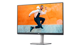 Imagem de um Monitor Dell 27 QHD com USB-C S2722DC com um homem a saltar em frente a uma parede laranja no ecrã.