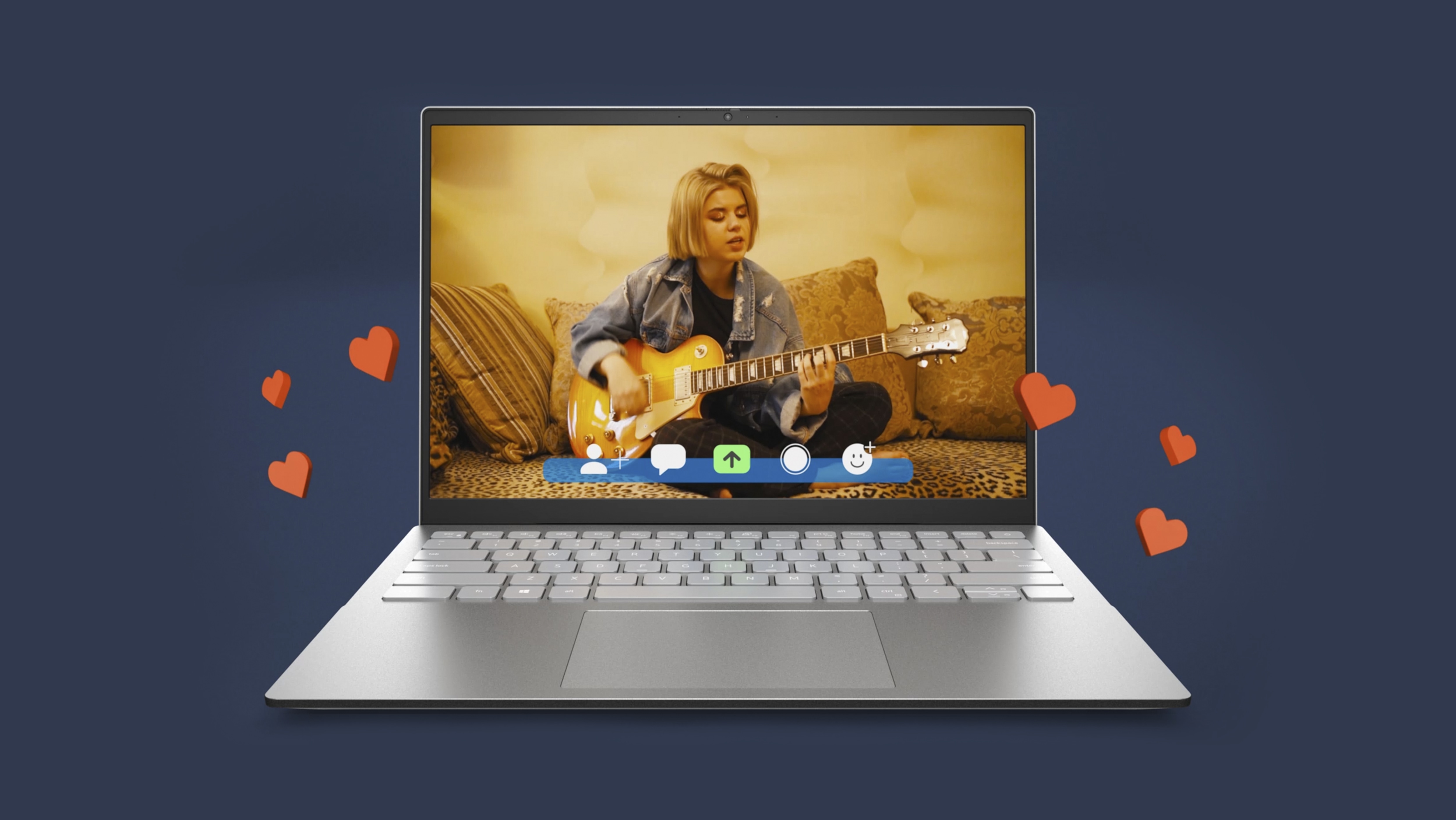 Bild eines Dell Inspiron 14 5425 mit einer sitzenden Frau, die Gitarre spielt, während rote Herzen aus dem Bildschirm steigen.