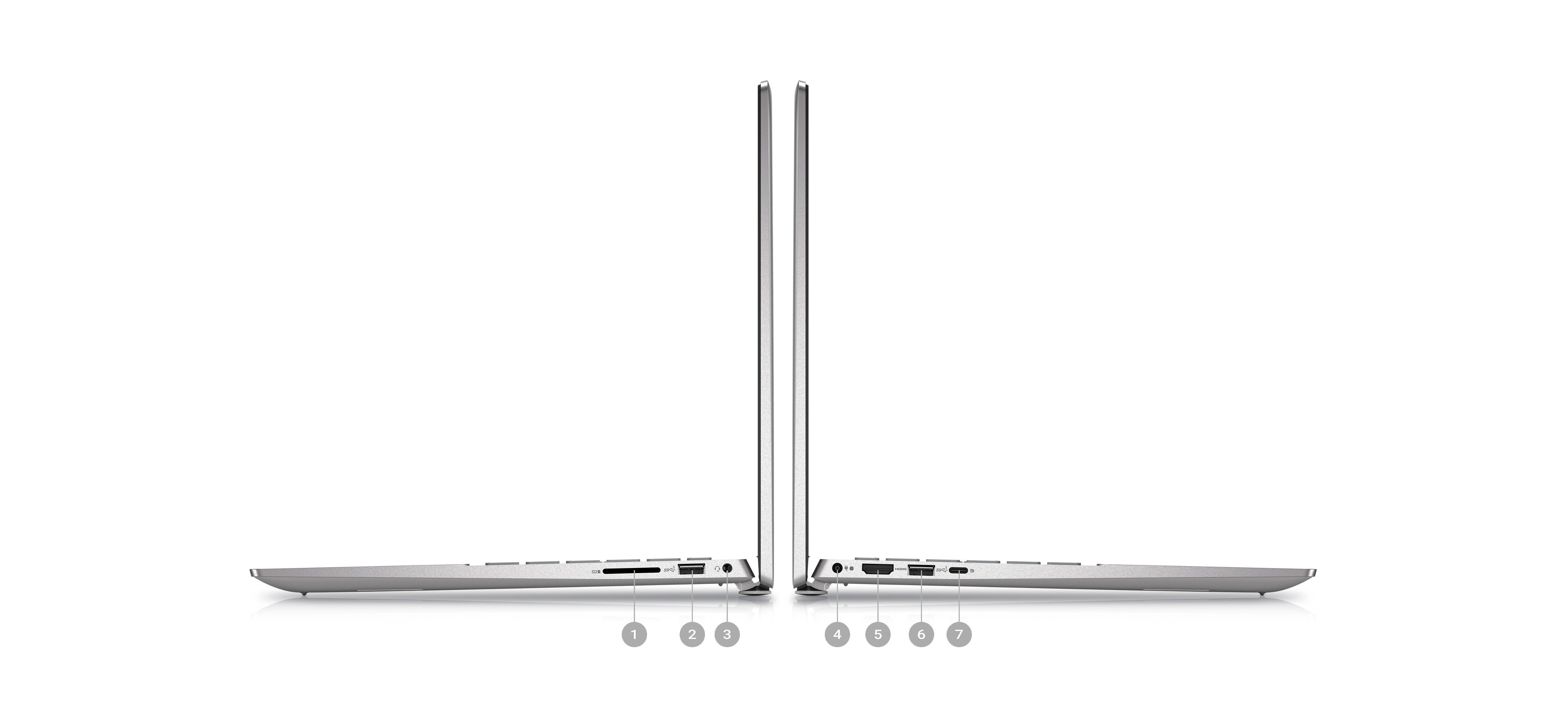 Abbildung von zwei seitlich platzierten Dell Inspiron 5425-Laptops, wobei die Zahlen von 1 bis 7 die Produktanschlüsse angeben.
