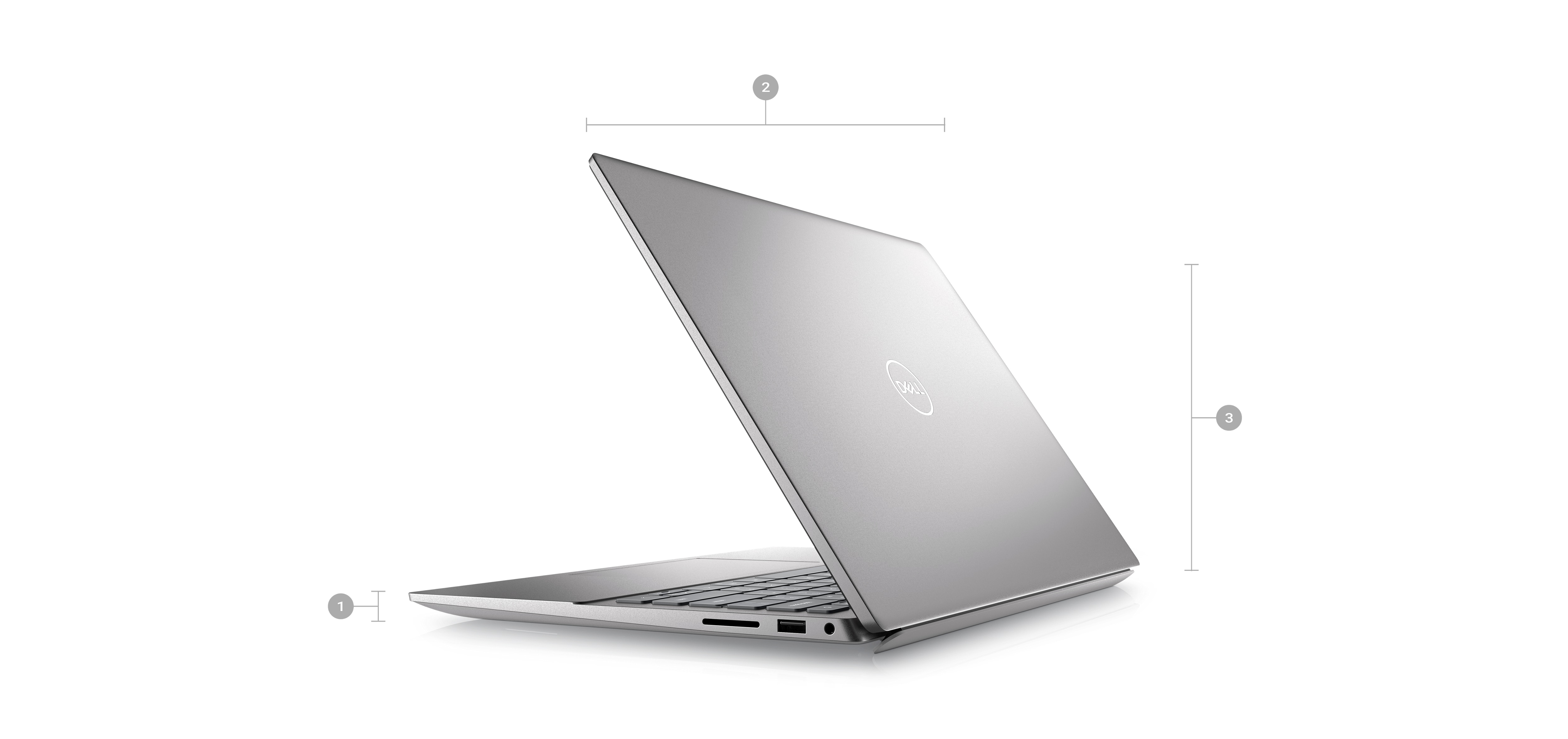 Bild eines Dell Inspiron 5425-Laptops mit sichtbarer Rückseite und Zahlen von 1 bis 3 für Produktabmessungen und -gewicht.