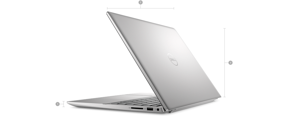 Dell Inspiron 14 5430 Laptop with numbers from 1 to 3 showing the product dimensions and weight.    