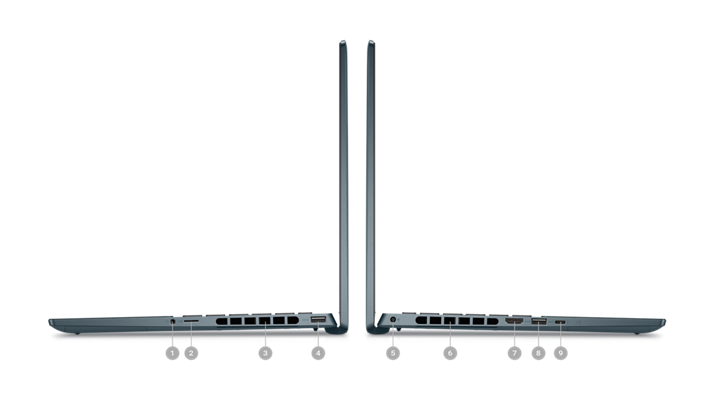 Picture of two Dell Inspiron 14 7420 Laptops placed sideways with numbers from 1 to 9 signaling the product ports. 