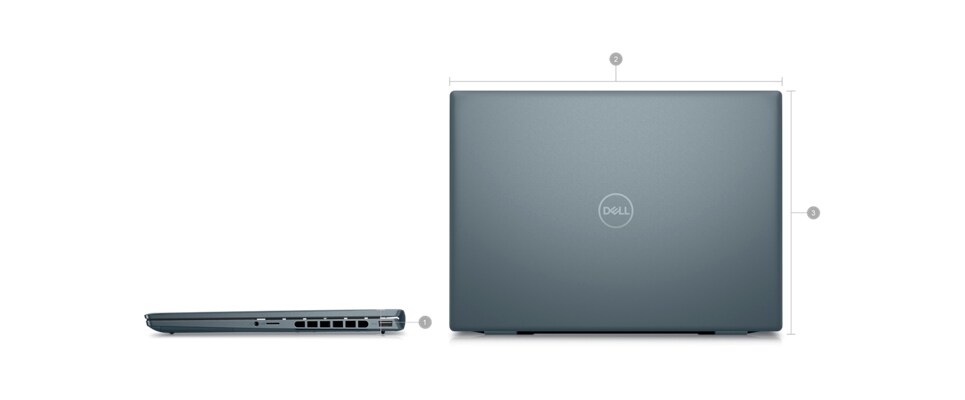 Picture of Dell Inspiron 14 7420 Laptops with numbers from 1 to 3 signaling product dimensions & weight.