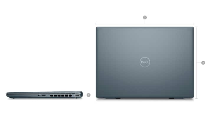 Bild von Dell Inspiron 14 7420-Laptops mit Zahlen von 1 bis 3, die die Produktabmessungen und das Gewicht kennzeichnen.
