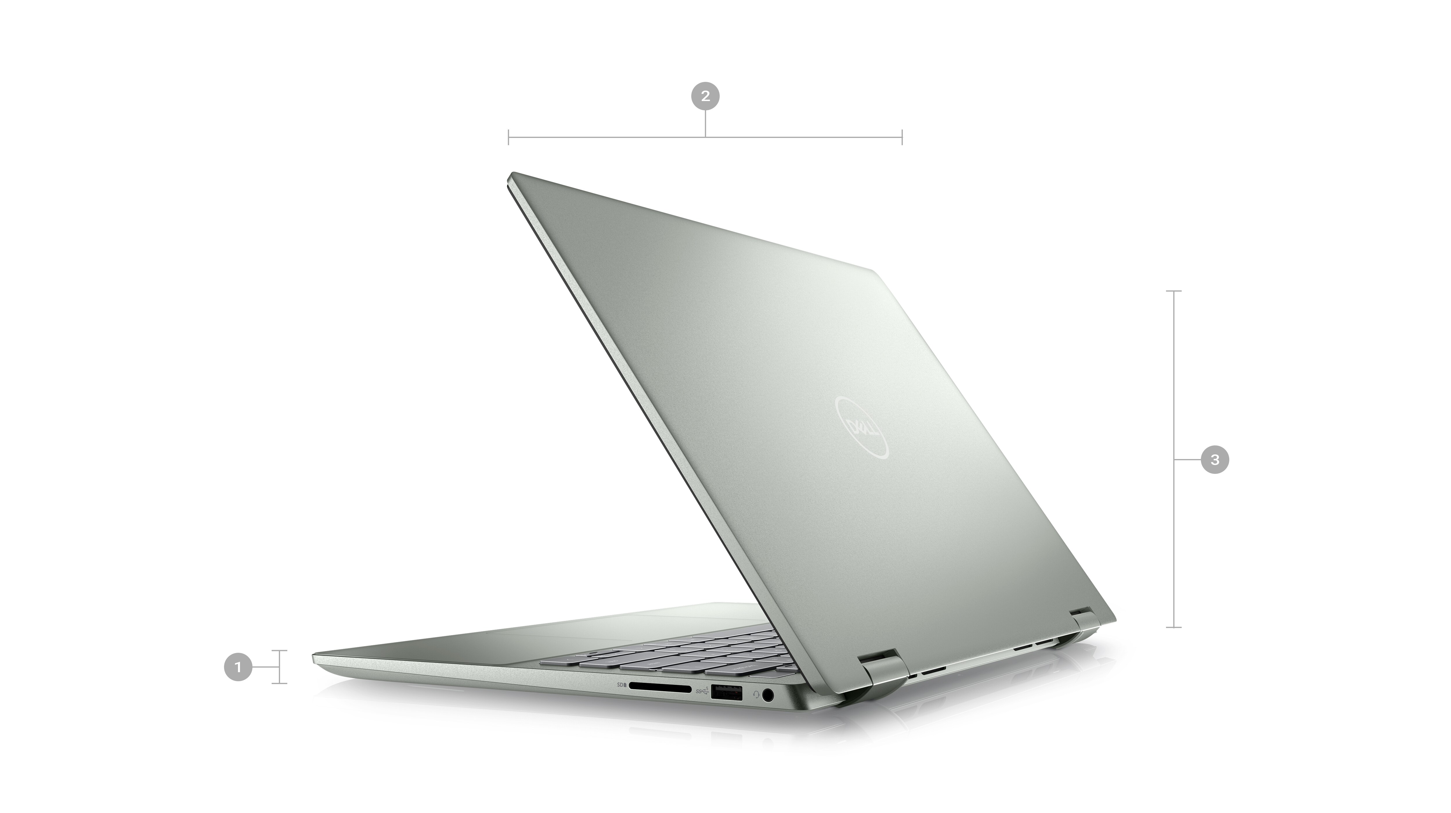 Picture of two Dell Inspiron 7425 2-in-1 with its back visible and numbers from 1 to 3 signaling product dimensions & weight.