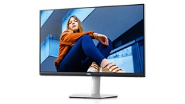 Picture of a Dell S2722DC Monitor with a sitting girl wearing a orange shirt and blue jeans on the screen.
