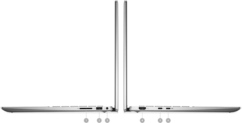 Dell Inspiron 14 7430 2-in-1 Laptop with numbers from 1 to 6 showing the product ports and slots.   