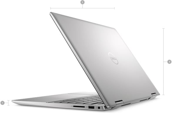 Dell Inspiron 14 7430 2-in-1 Laptop with numbers from 1 to 3 showing the product dimensions and weight.   