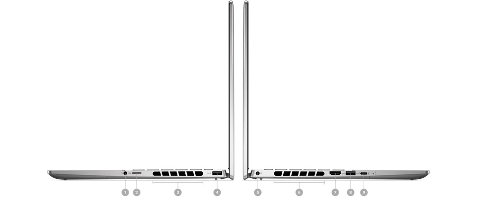 Dell Inspiron 14 7430 Laptop with numbers from 1 to 9 showing the product ports and slots.
