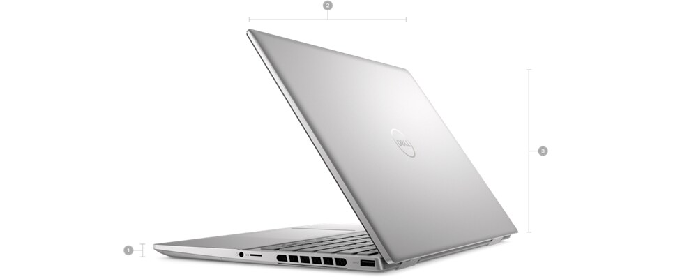 Dell Inspiron 14 7430 Laptop with numbers from 1 to 3 showing the product dimensions and weight.