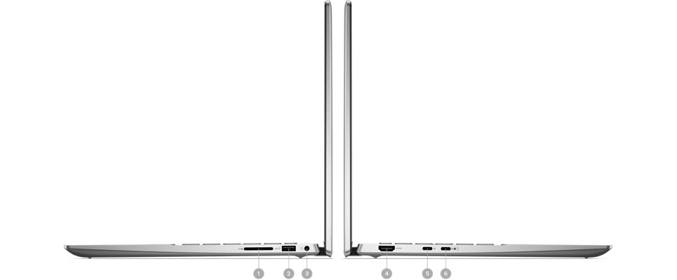 Dell Inspiron 14 7435 2-in-1 Laptop with numbers from 1 to 6 showing the product ports and slots.