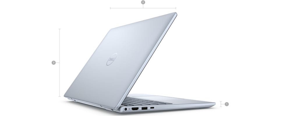 Dell Inspiron 14 7440 Laptop with numbers from 1 to 3 showing the product dimensions and weight.