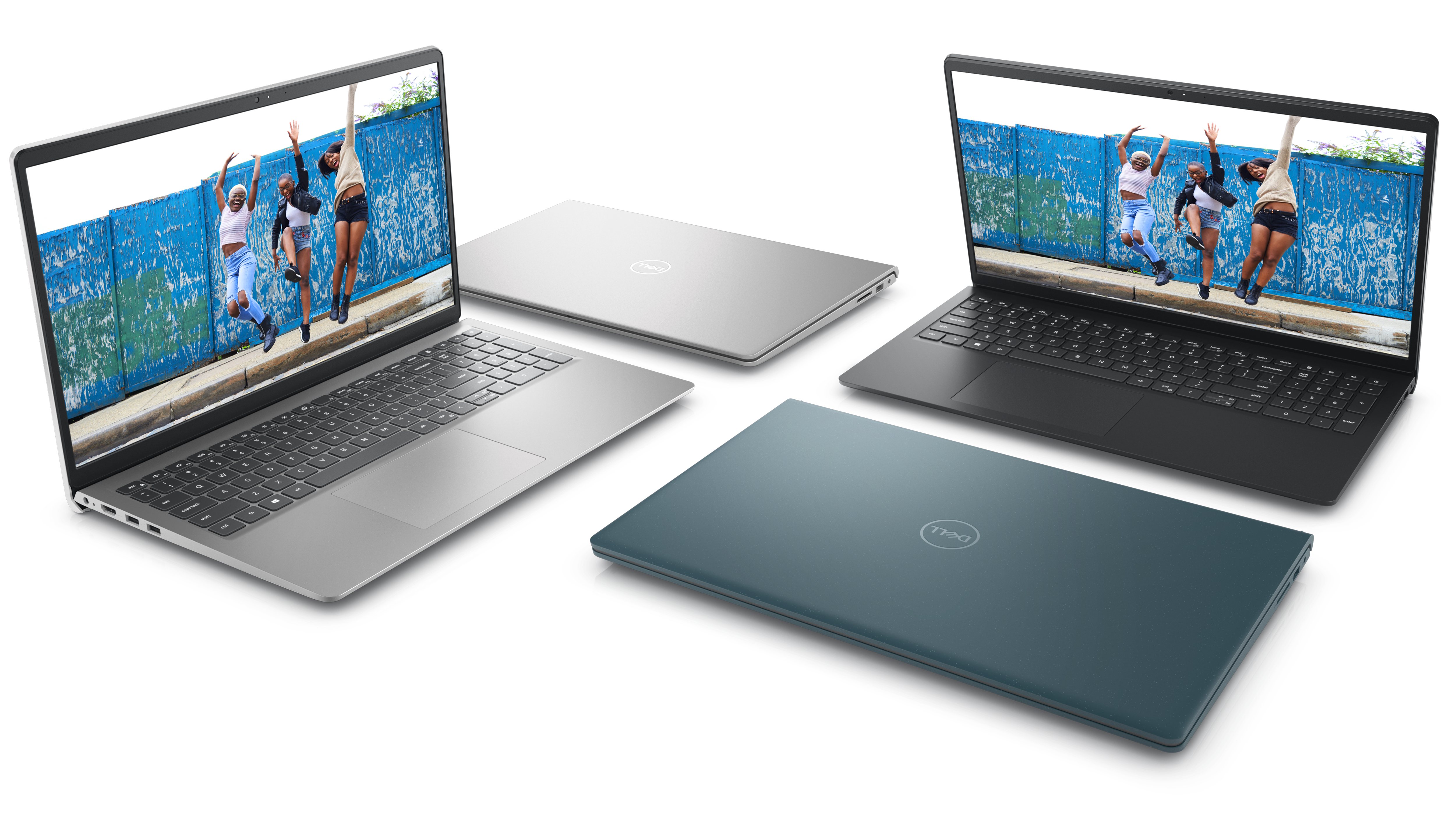 Picture of four Dell Inspiron 15 3520 Laptops placed side by side, two opened and two closed. 