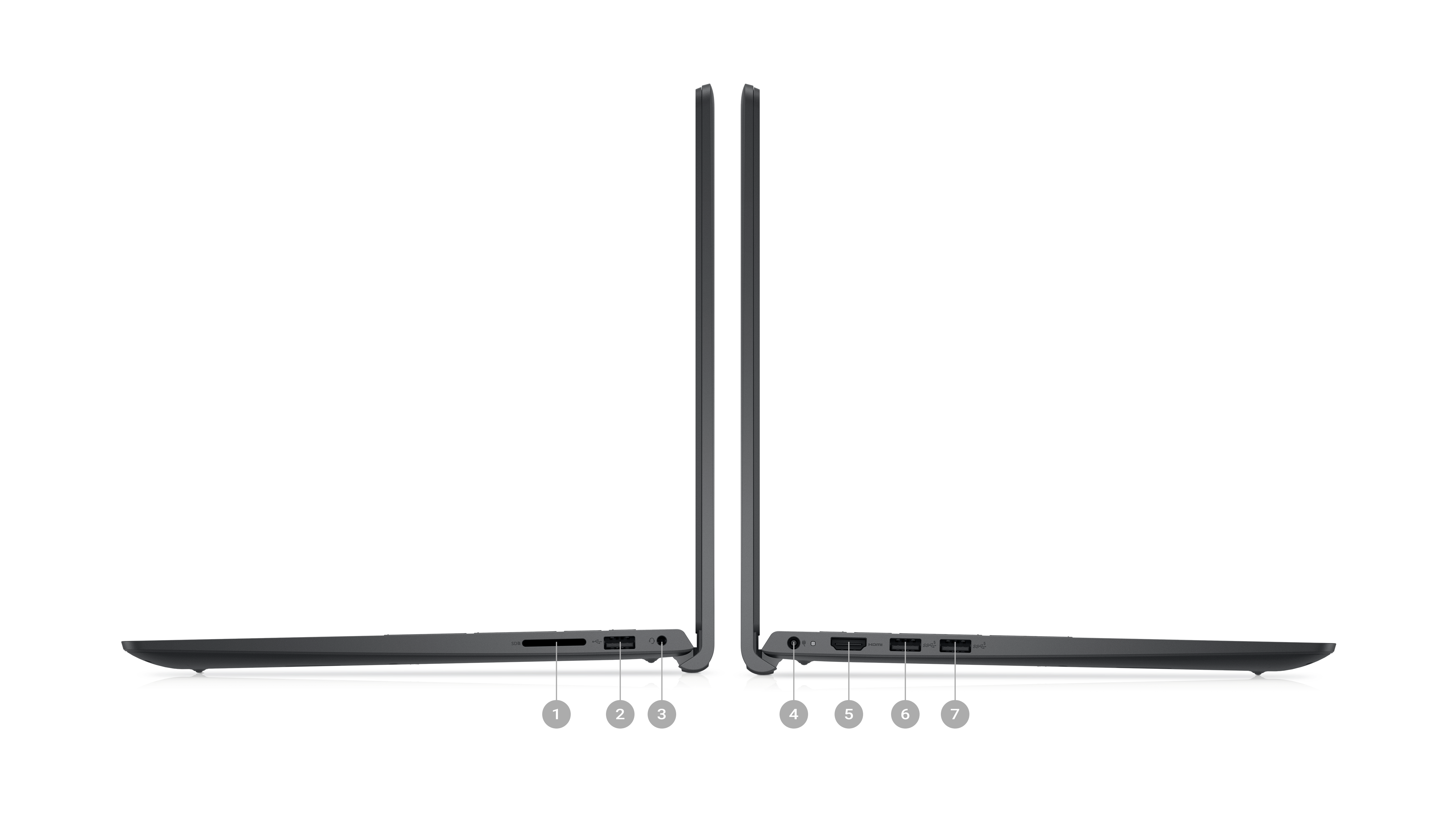 Picture of two Dell Inspiron 15 3520 laptops placed sideways with numbers from 1 to 7 signaling the product ports.