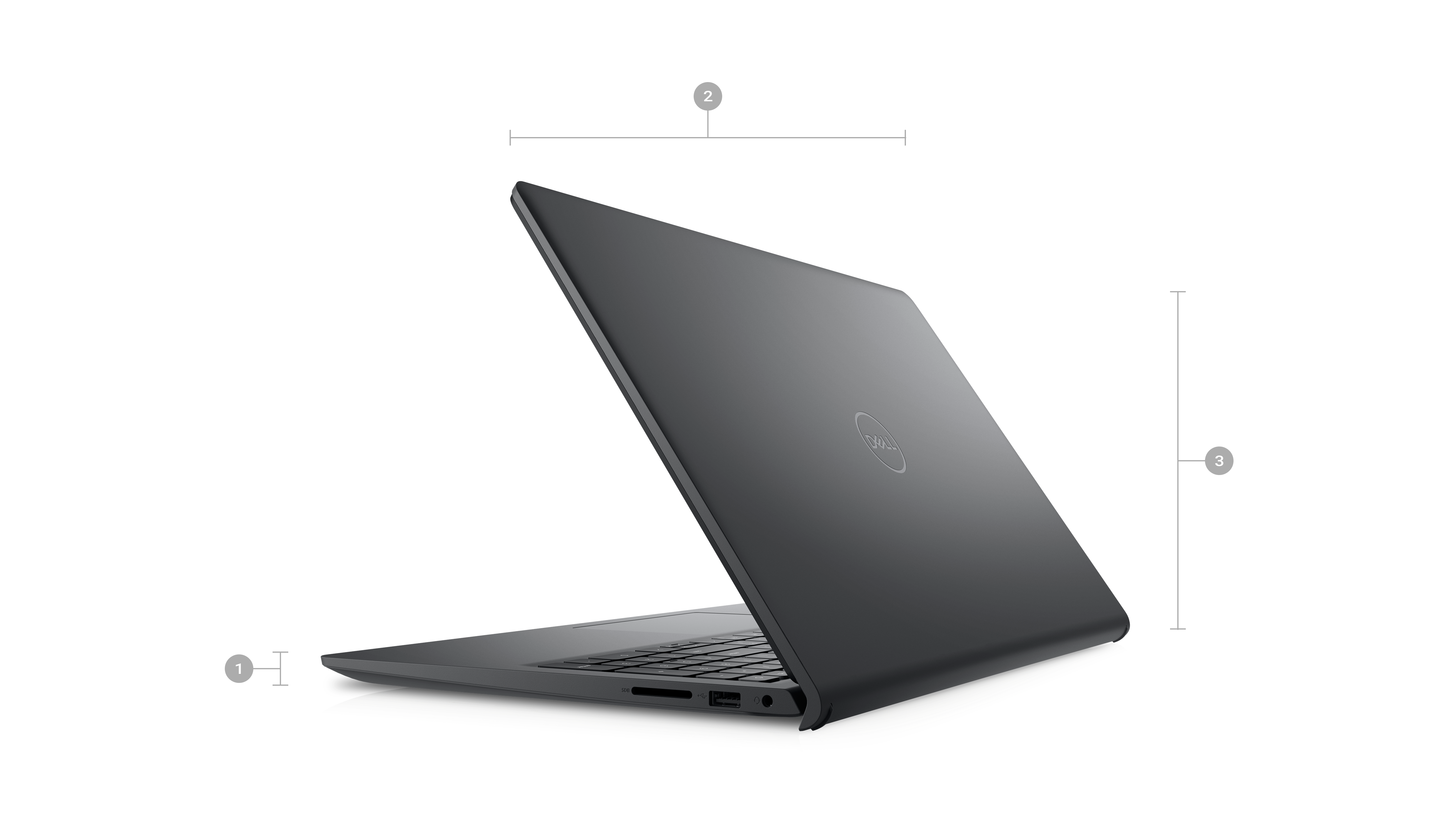 Bild eines Dell Inspiron 15 3520-Laptops mit sichtbarer Rückseite und Zahlen von 1 bis 3 für Produktabmessungen.