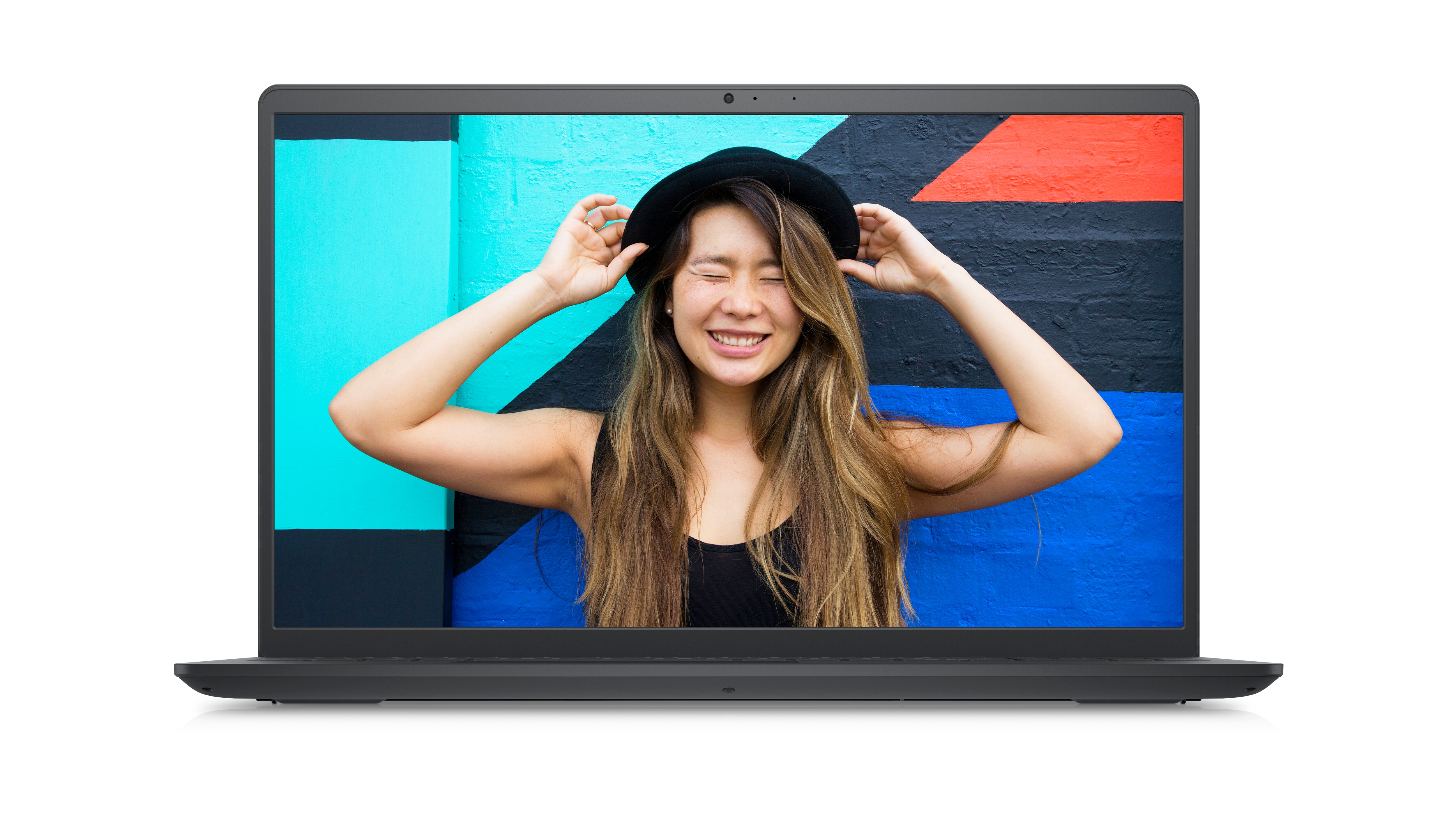 Picture of a Dell Inspiron 15 3521 Laptop with a smiley girl wearing a black hat and t-shirt on the screen.