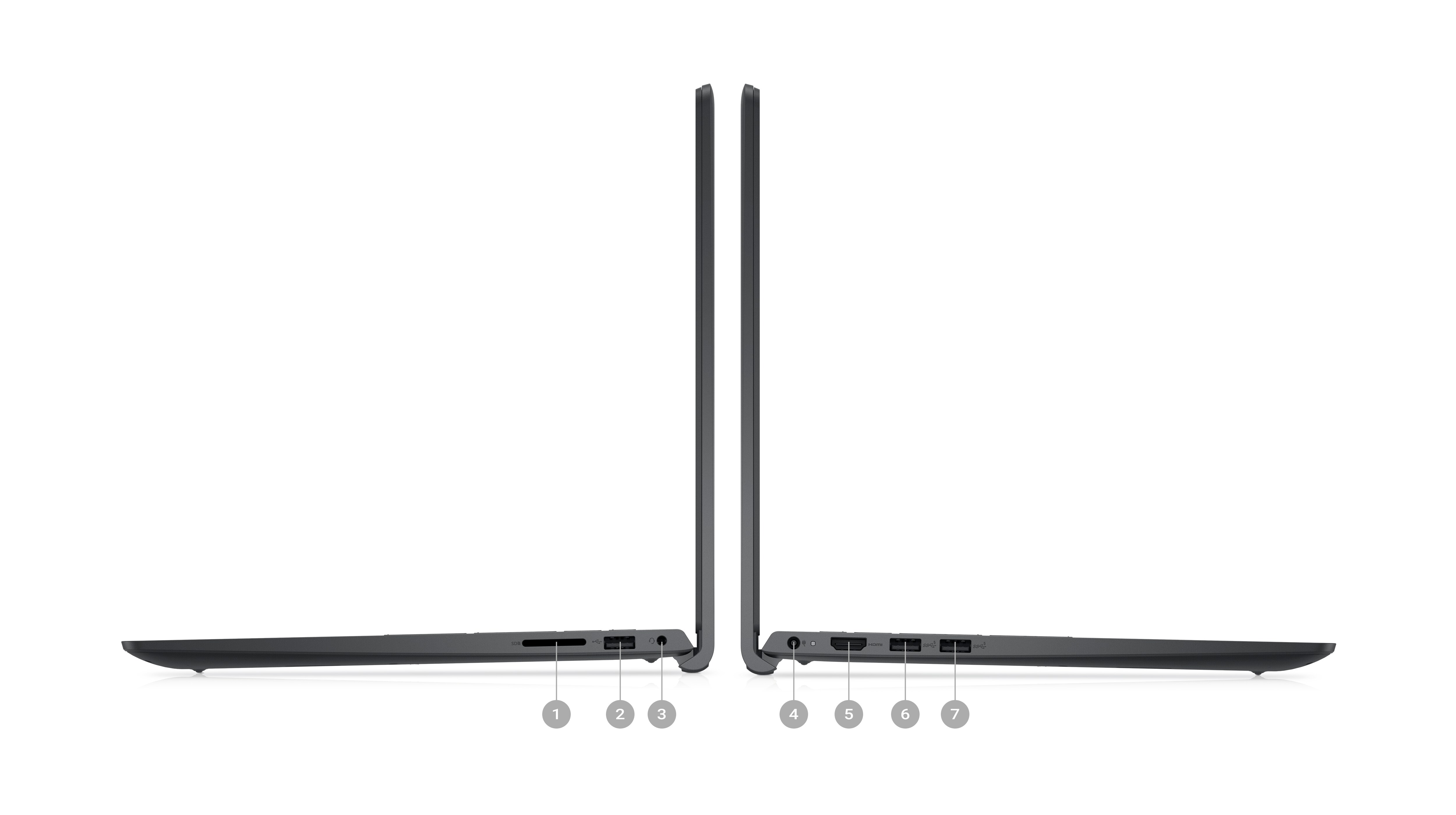 Image de deux ordinateurs portables Dell Inspiron 15 3521 vus de côté avec des numéros de 1 à 7 qui indiquent les ports du produit.