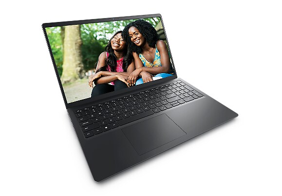 お互いに近い位置にいる2人の笑顔の女性が画面に映っているDell Inspiron 15インチ3525ノートパソコンの写真。