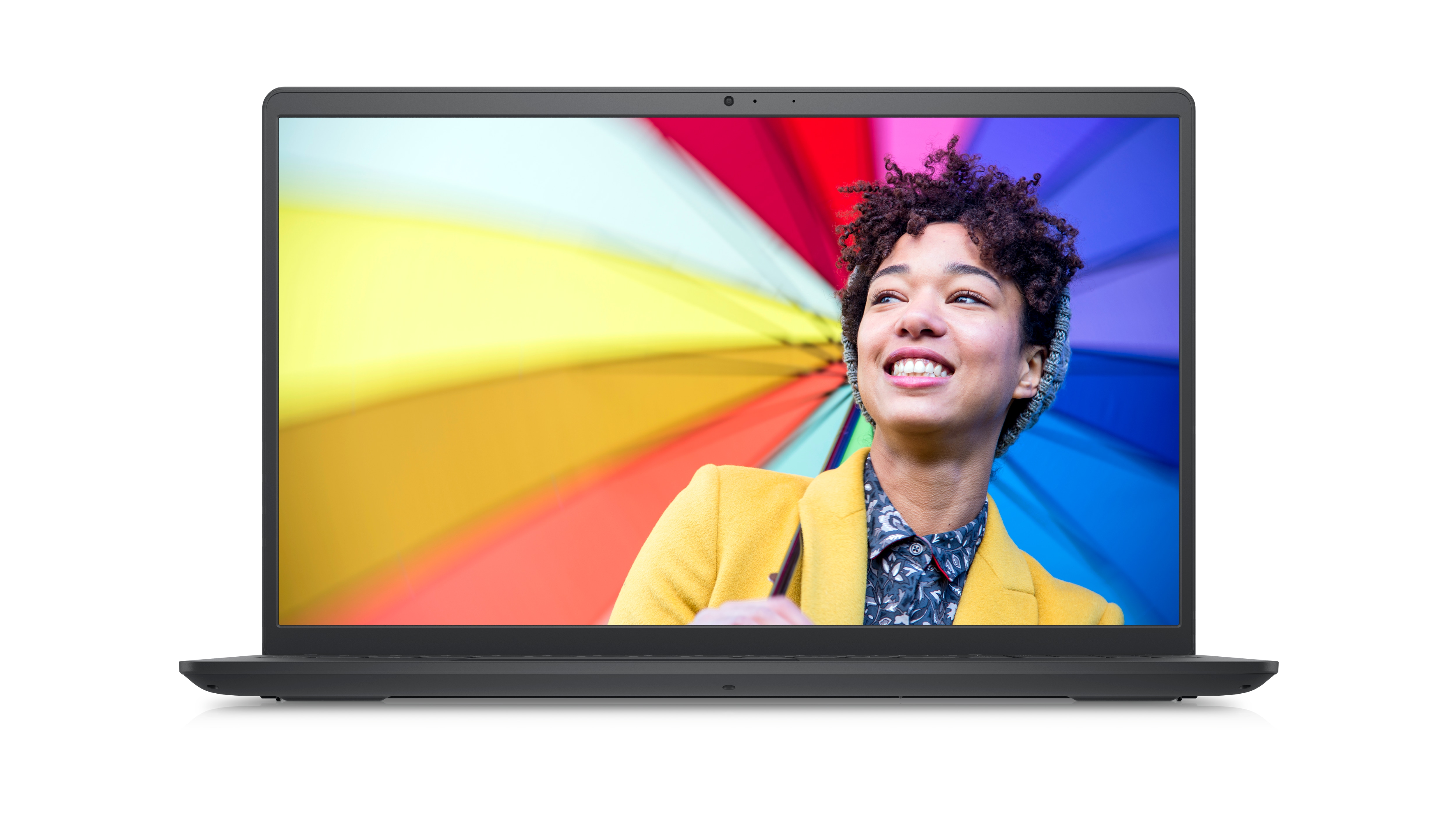カラフルな背景の画面に黄色のブレザーを着て笑っている女性が映っているDell Inspiron 15インチ3525ノートパソコンの写真。