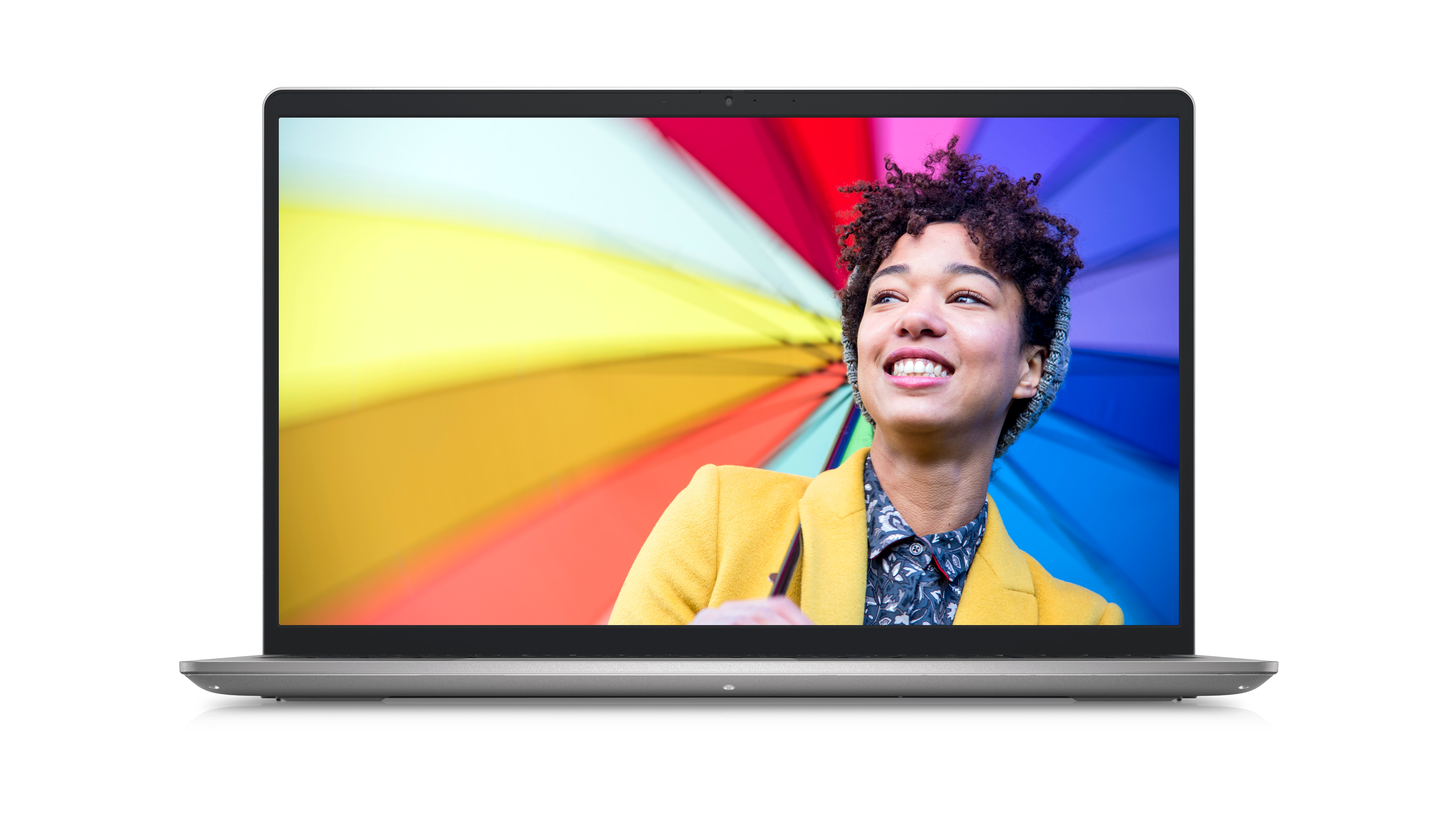 Picture of a Dell Inspiron 15 3525 Laptop with a smiley girl in a colorful background wearing a yellow blazer on the screen.
