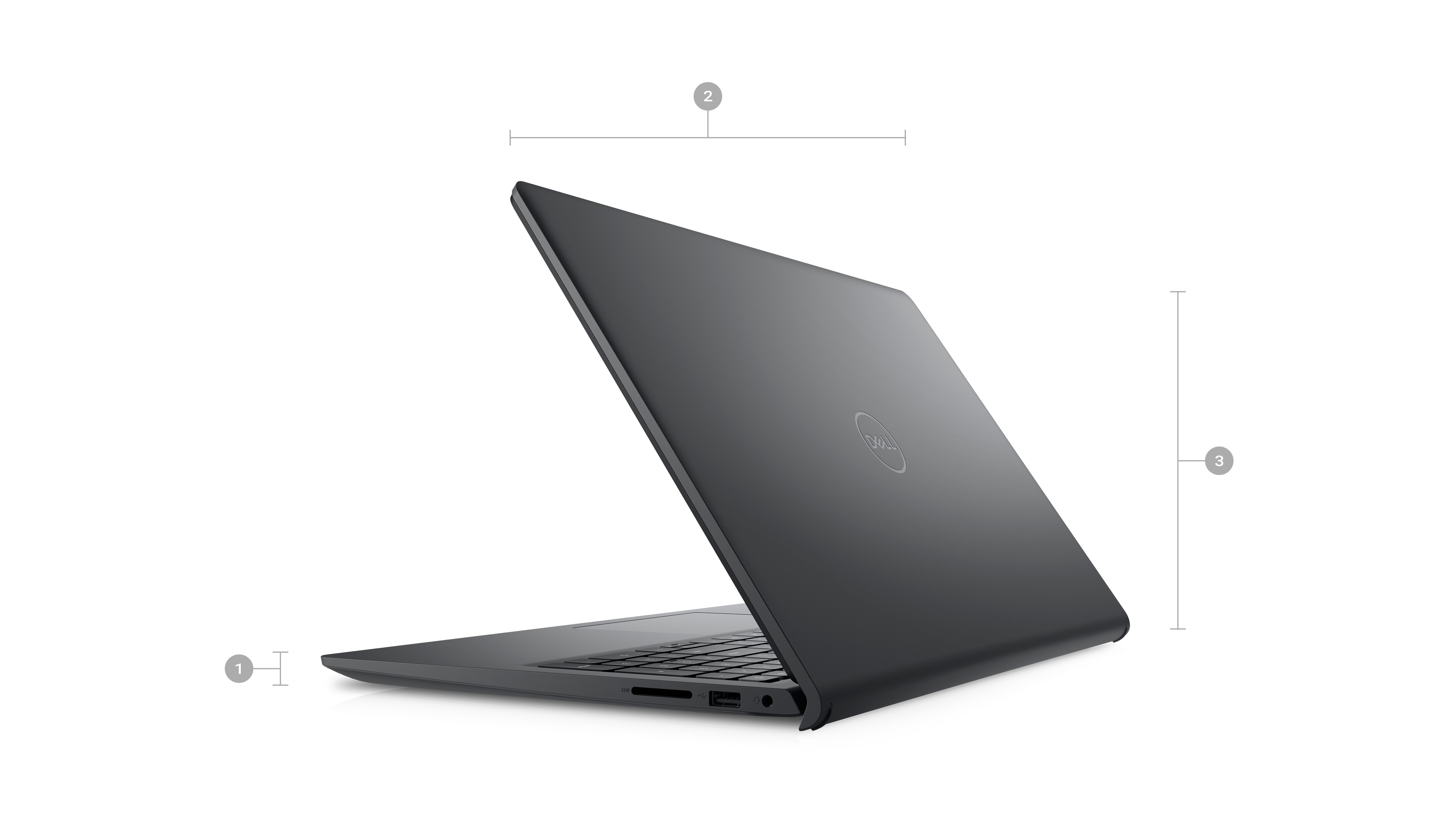 Picture of a Dell Inspiron 15 3525 laptop with its back visible and numbers from 1 to 3 signaling product dimensions & weight.