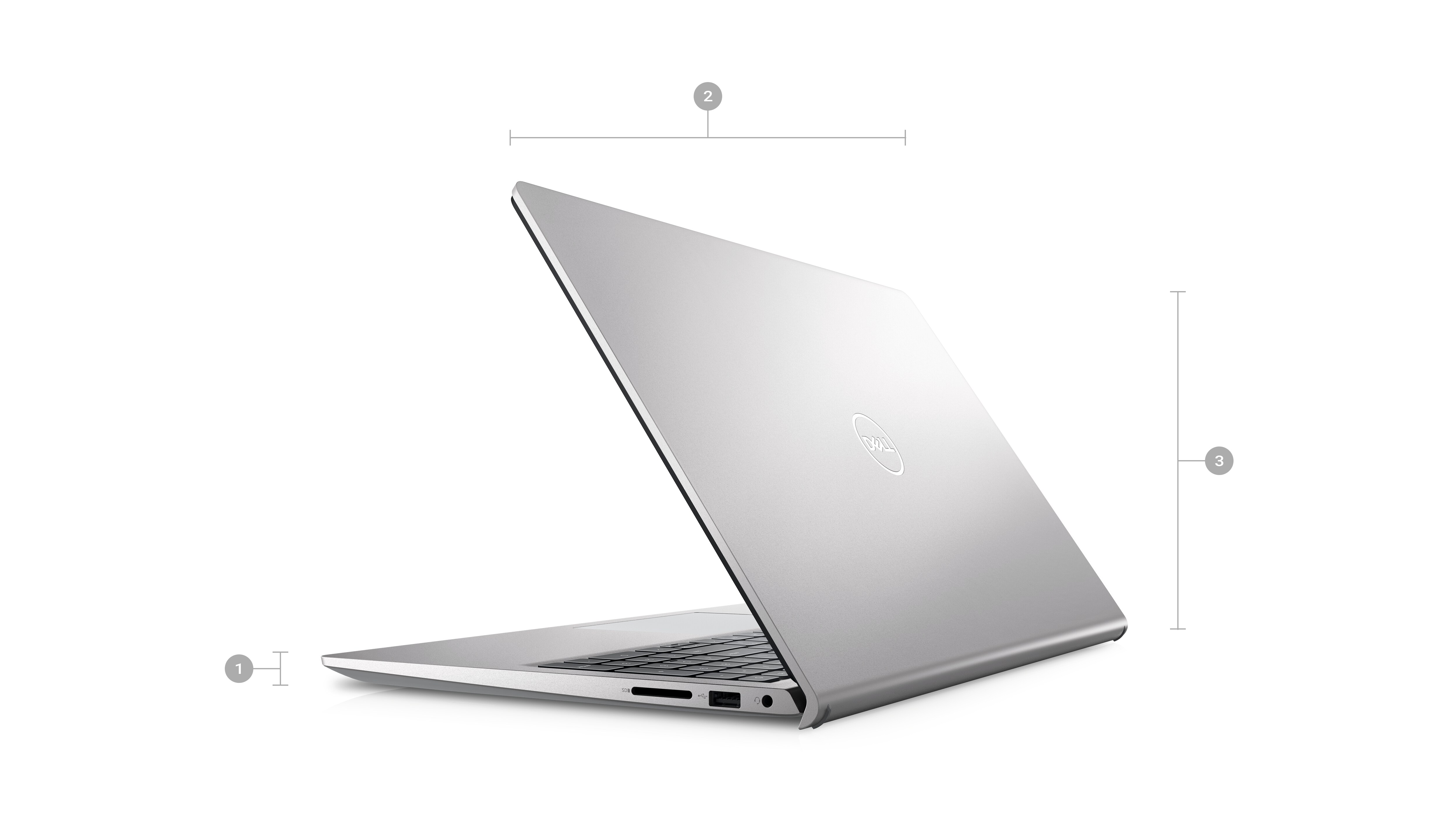 Picture of a Dell Inspiron 15 3525 laptop with its back visible and numbers from 1 to 3 signaling product dimensions & weight.
