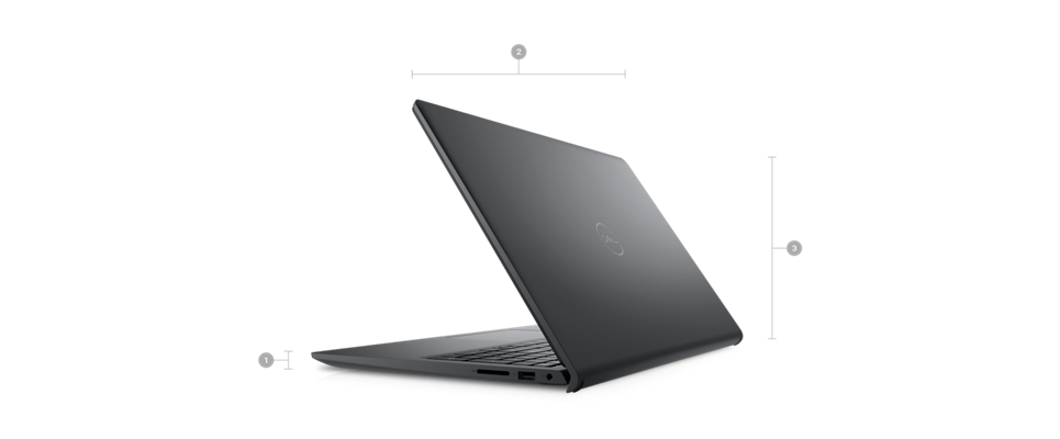 Dell Inspiron 15 3535 Laptop with numbers from 1 to 3 showing the product dimensions and weight.