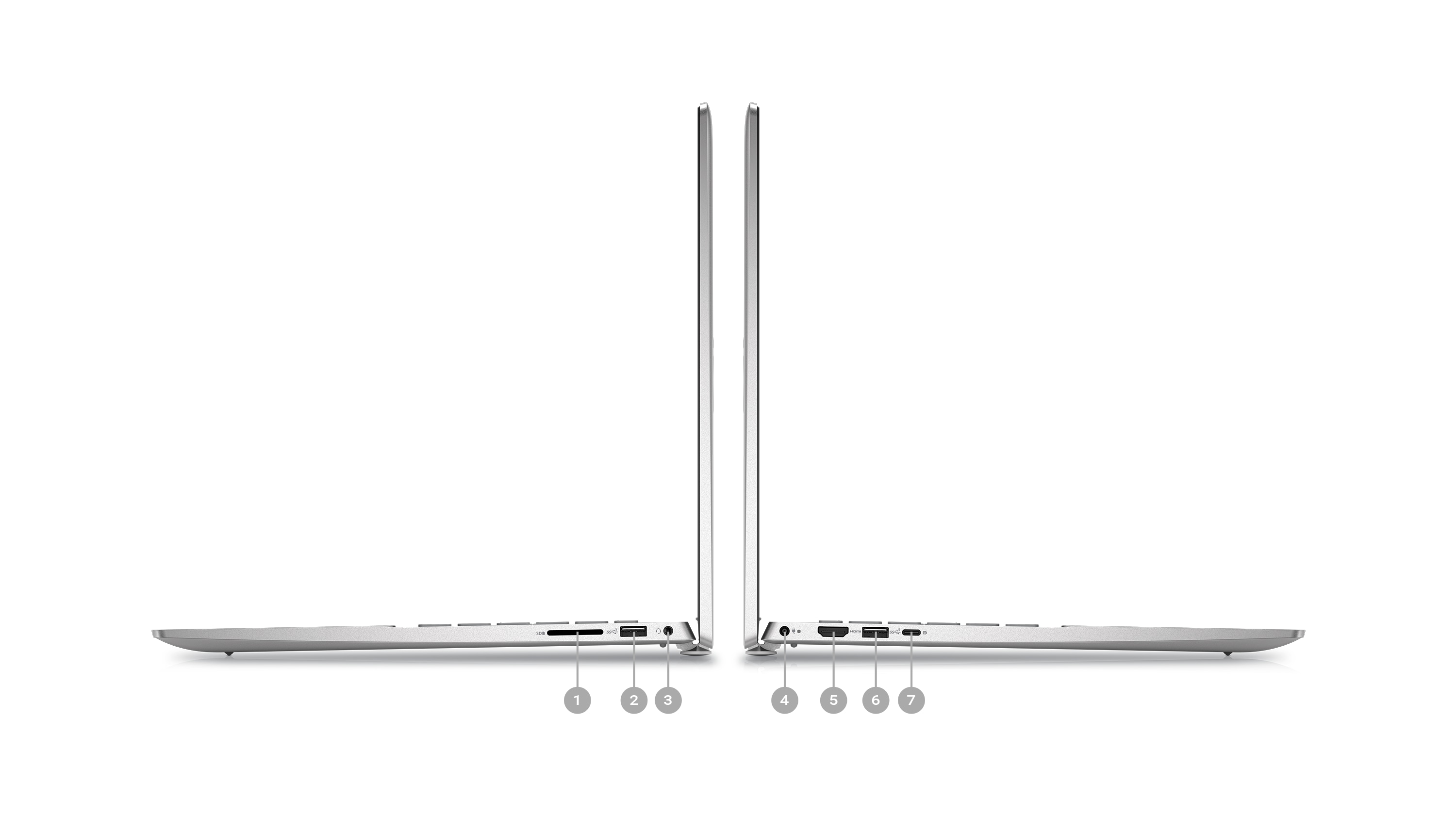 Photo de deux ordinateurs portables Dell Inspiron 5620 placés de côté avec les chiffres 1 à 7 indiquant les ports des produits.
