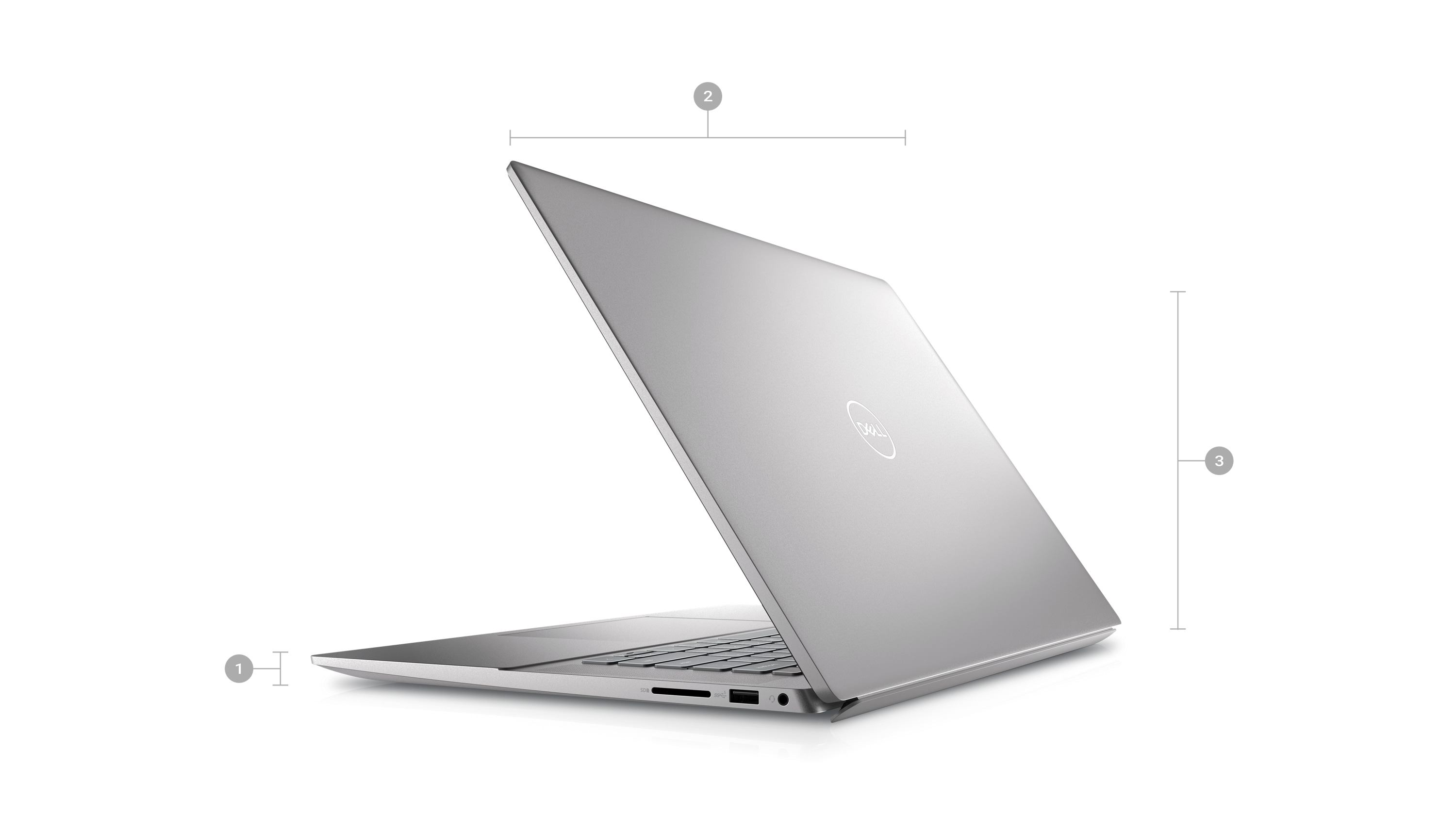 Dell Inspiron 5620ノートパソコンの背面が見える画像。1~3の数字は製品の寸法と重量を示しています。