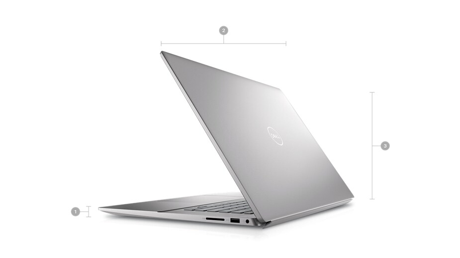 Imagen de una laptop Dell Inspiron 5620 con la parte posterior visible y números del 1 al 3 que indican las dimensiones y el peso del producto.