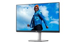 Imagen de un monitor Dell S2722DC con un hombre frente a un cielo azul en la pantalla.