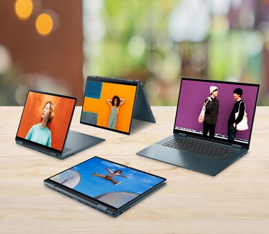 Picture of four Inspiron 16 7620 2-in-1 laptops next to each other, three opened as tablets and one as laptop.