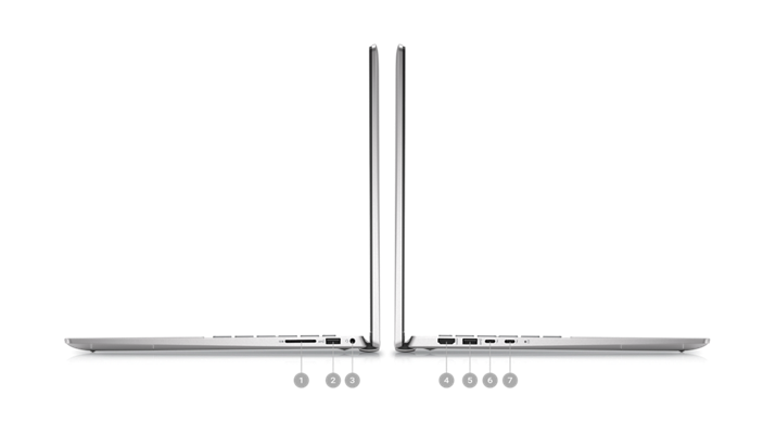 Picture of two Inspiron 16 7620 2-in-1 laptops placed sideways with numbers from 1 to 7 signaling the product ports. 