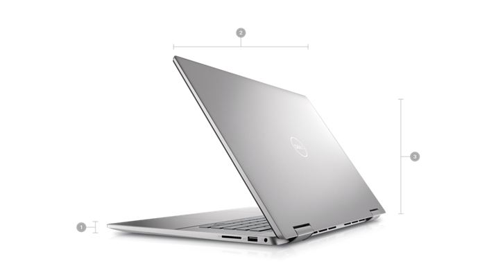 Picture of an Inspiron 7620 2-in-1 with its back visible and numbers from 1 to 3 signaling product dimensions & weight.