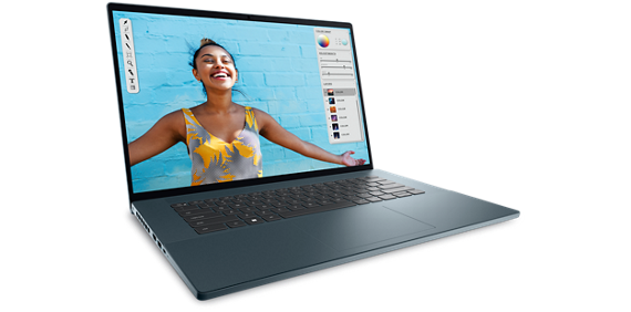 Picture of a Dell Inspiron 16 7620 Laptop with a smiling woman in front of a blue wall on the screen.
