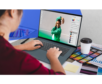 Picture of a woman using a Dell Inspiron 16 7620 Laptop with a image editing tool on the screen.  
