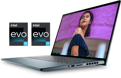 Abbildung eines Laptops vom Typ Dell Inspiron 16 7620 mit einer lächelnden Frau vor einer violetten Wand auf dem Bildschirm